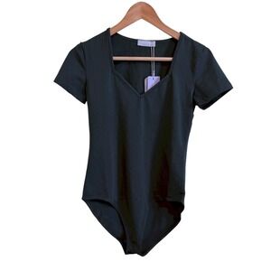 MANGOPOP Green Short Sleeve Bodysuit Square Neck‎ Casual Basic Top Womens Small